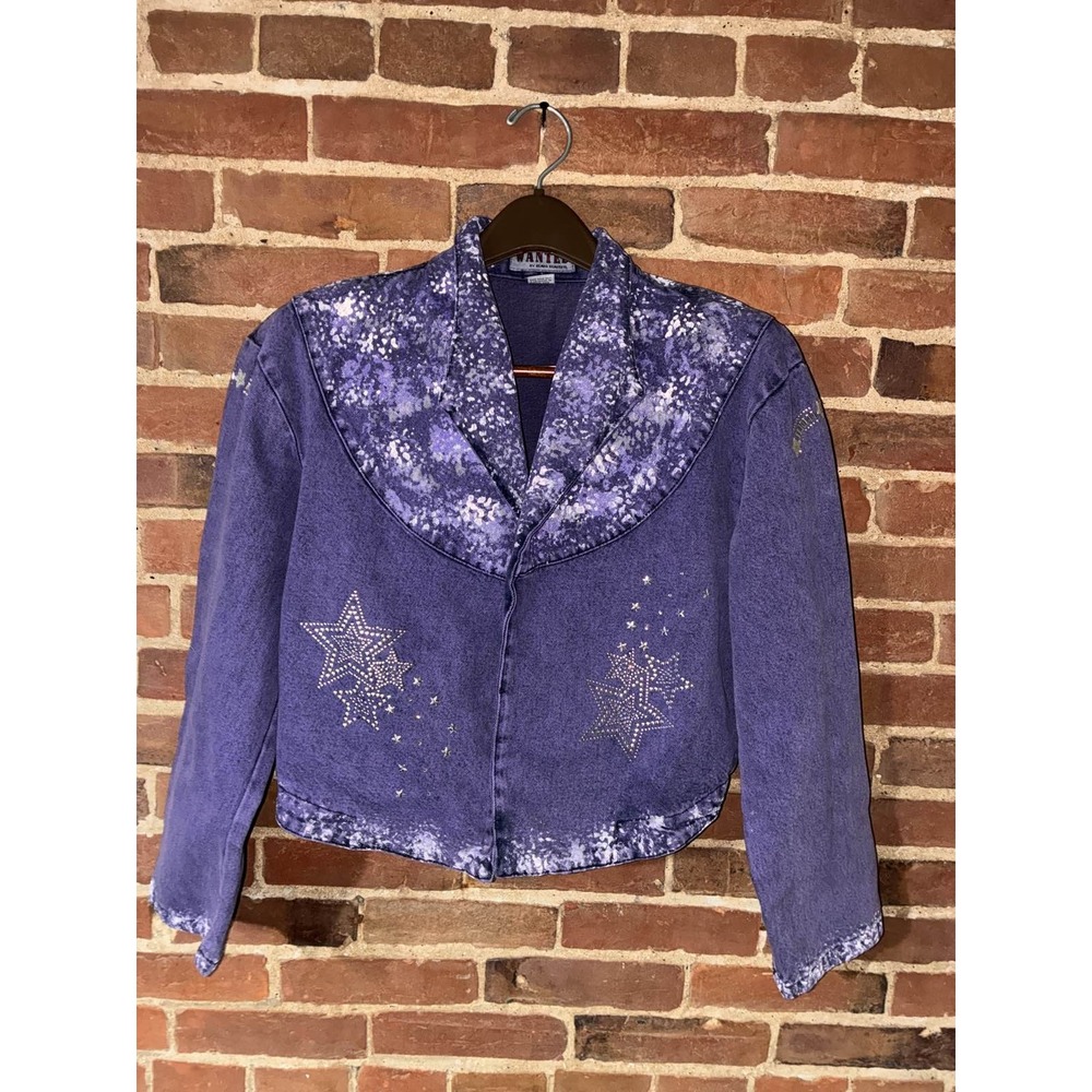 80s‎ 90s Purple Acid Wash Denim Jacket Rhinestone Studded Stars Cropped